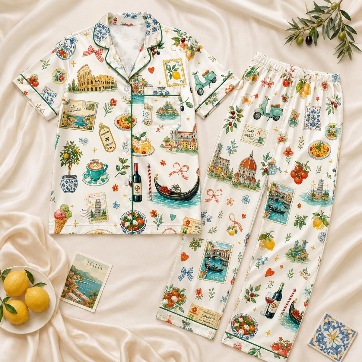 Italy Travel Pajama Set, Italian Summer Satin Sleepwear, Lemon Pizza Gondola Short and Long PJs, Women’s Vacation Pajamas, Italy Lover Gift