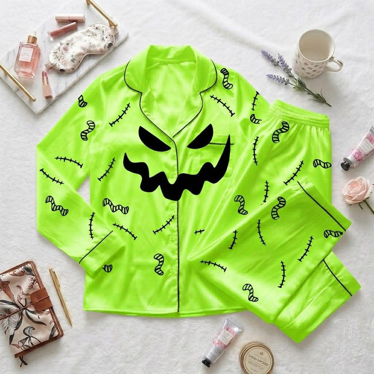Celebrate Halloween In Oogie Boogie Pajamas, Nightmare Inspired Sleepwear, Spooky Character Button Pajama Set, Cozy Halloween Loungewear