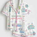 Watercolor Mahjong Pajamas, Cocktail Party Short Sleeve Satin Pjs, Cute Game Night Tile Sleepwear, Silky Mahjong Lover Loungewear Gifts