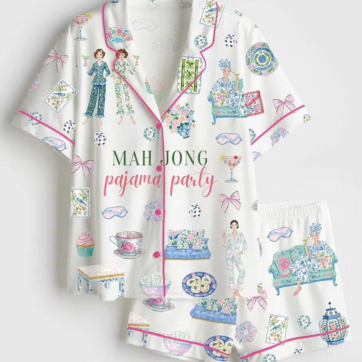 Watercolor Mahjong Pajamas, Cocktail Party Short Sleeve Satin Pjs, Cute Game Night Tile Sleepwear, Silky Mahjong Lover Loungewear Gifts