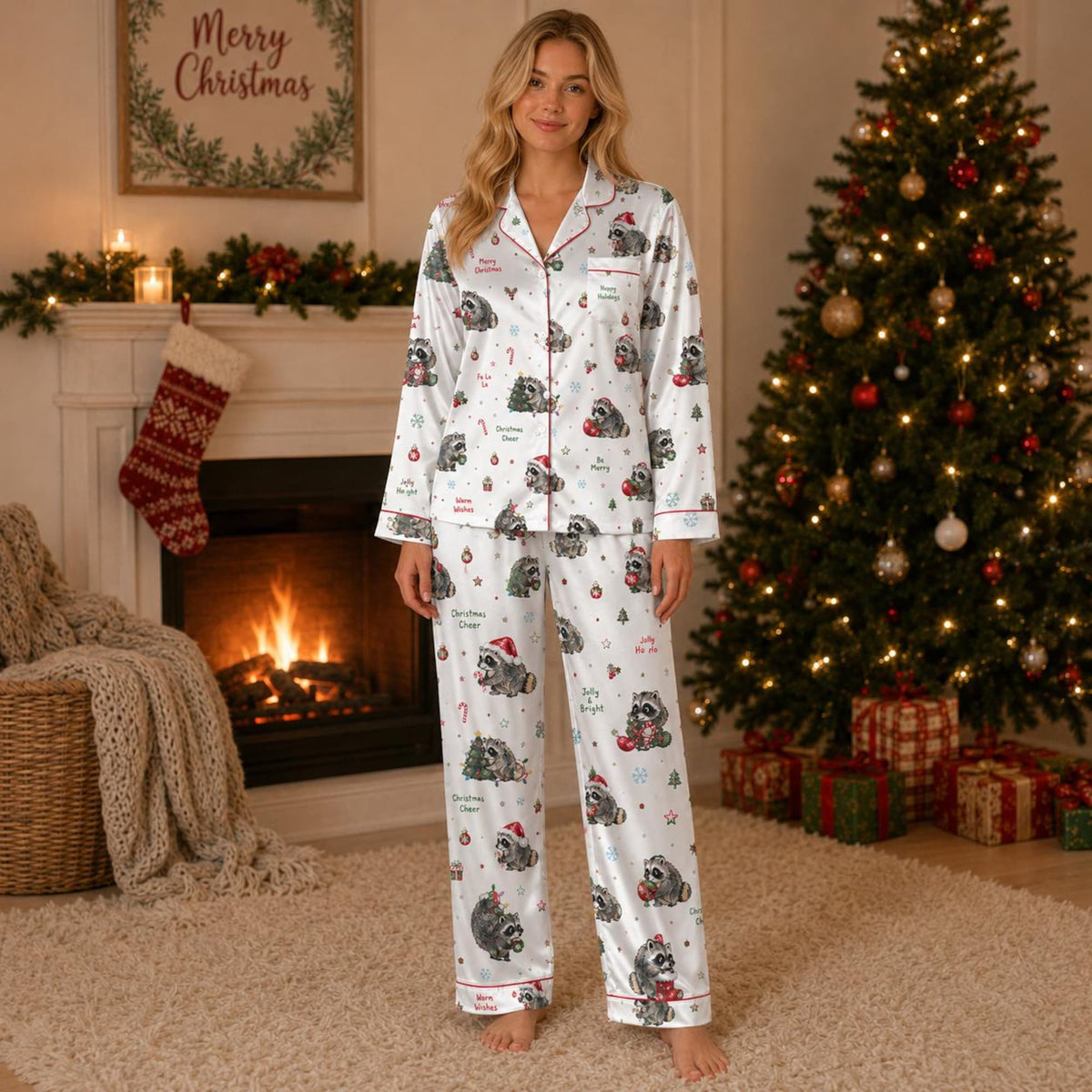 Jimothy Raccoon Christmas Pajama Set, Holiday Satin Pajamas, Cute Christmas Raccoon PJs, Festive Sleepwear, Long Pants or Shorts