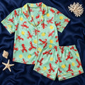 Women's Lobster Pajama Set, Lemon Satin PJs, Short Sleeve Shorts, Short Sleeve Pants, Long Sleeve Pants, Coastal Sleepwear