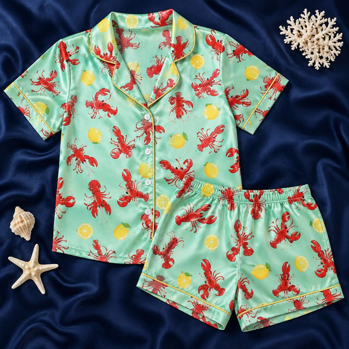 Women's Lobster Pajama Set, Lemon Satin PJs, Short Sleeve Shorts, Short Sleeve Pants, Long Sleeve Pants, Coastal Sleepwear