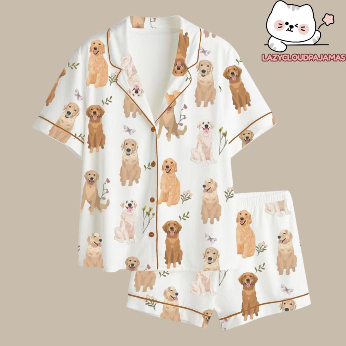 Golden Retriever Satin Pajama Set Cute Dog Lover Sleepwear Premium Like Loungewear Long and Short Sleeve PJs Set Puppy Theme Gift for Her