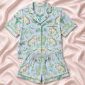 Chinoiserie Cat Pajama Set, Mahjong Satin Sleepwear, Blue Floral Ginger Jar Short PJs, Cat Lover Silky Loungewear Gift