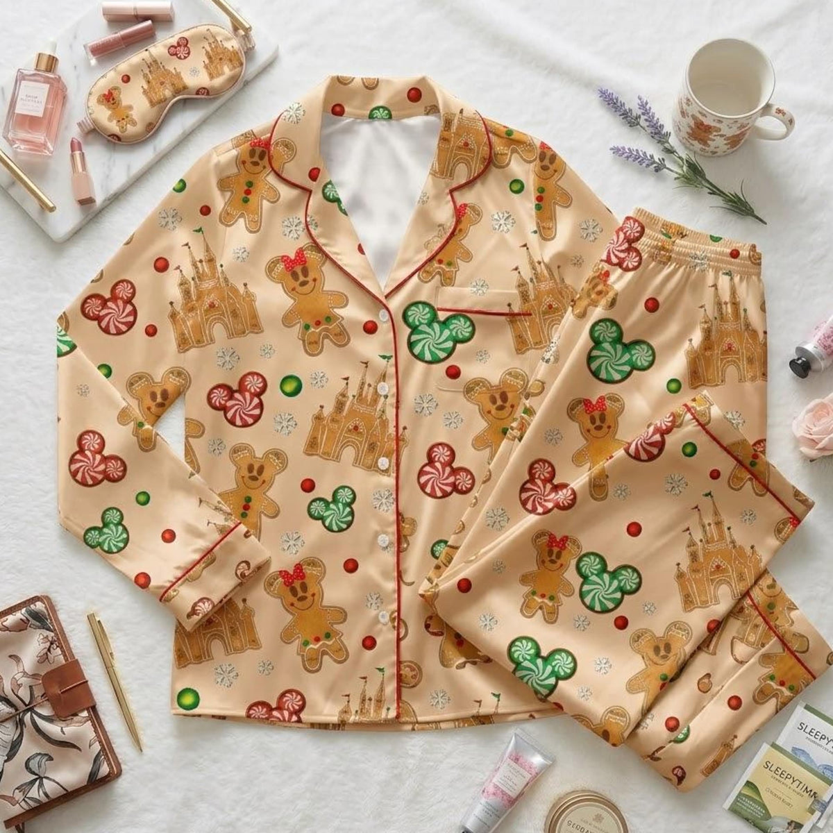 Mickey and Minnie Sweeten Christmas With Disney Magic, Gingerbread Pajamas, Holiday Mouse Nightwear, Festive Winter Bedtime Outfit