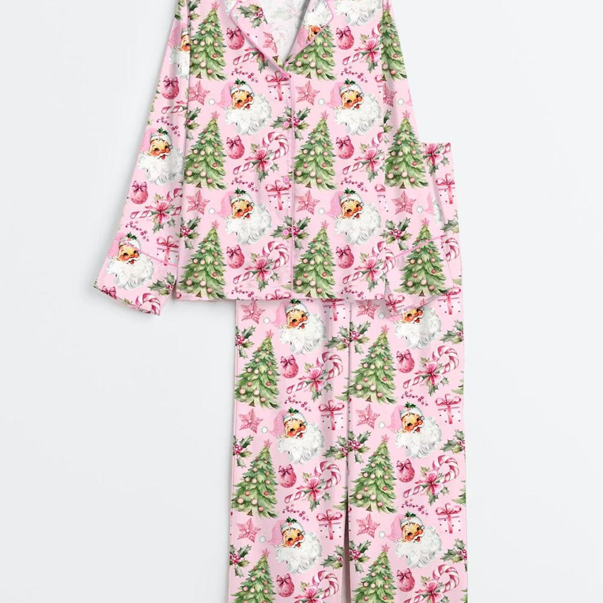 Pink Christmas Santa and Trees Satin Pajamas, Festive Long Sleeve Pjs, Holiday Sleepwear, Cozy Xmas Loungewear for Women