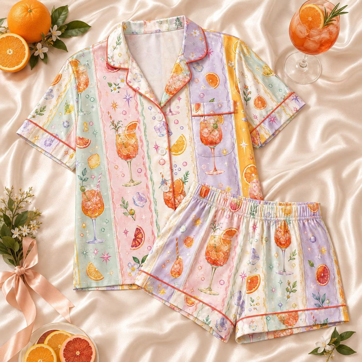 Aperol Spritz Pajama Set, Cocktail Satin Pajamas, Italian Summer PJs, Citrus Drink Sleepwear, Long Pants or Shorts