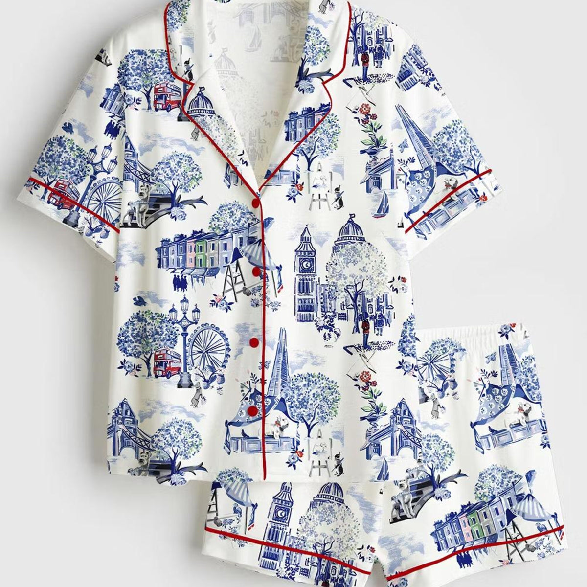 Christmas In London Pajamas, Winter London Vibes Satin Pjs, UK Travel Sleepwear, Festive British Holiday Button Down PJ Set