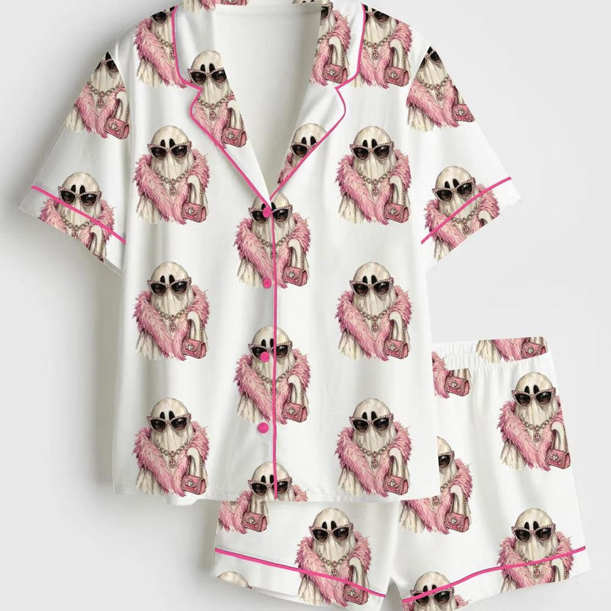 Spooky Ghost Halloween Pajamas, Cute Ghost Satin Pjs, Halloween Print Sleepwear, Festive Button Down PJ Set