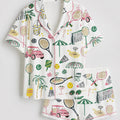 Satin Tennis Print Pajama Set, Sporty Sleepwear, Preppy Short Sleeve Loungewear