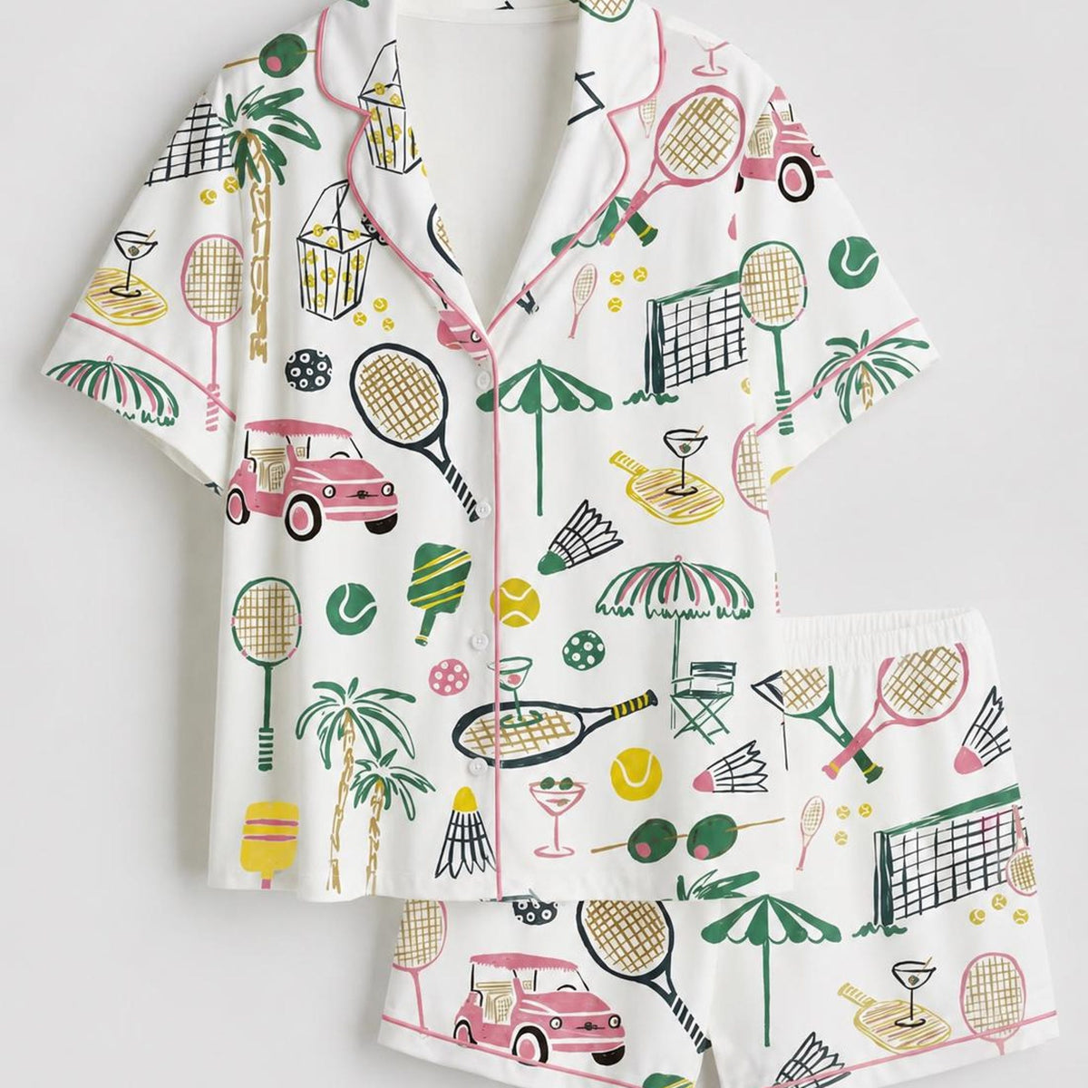 Satin Tennis Print Pajama Set, Sporty Sleepwear, Preppy Short Sleeve Loungewear