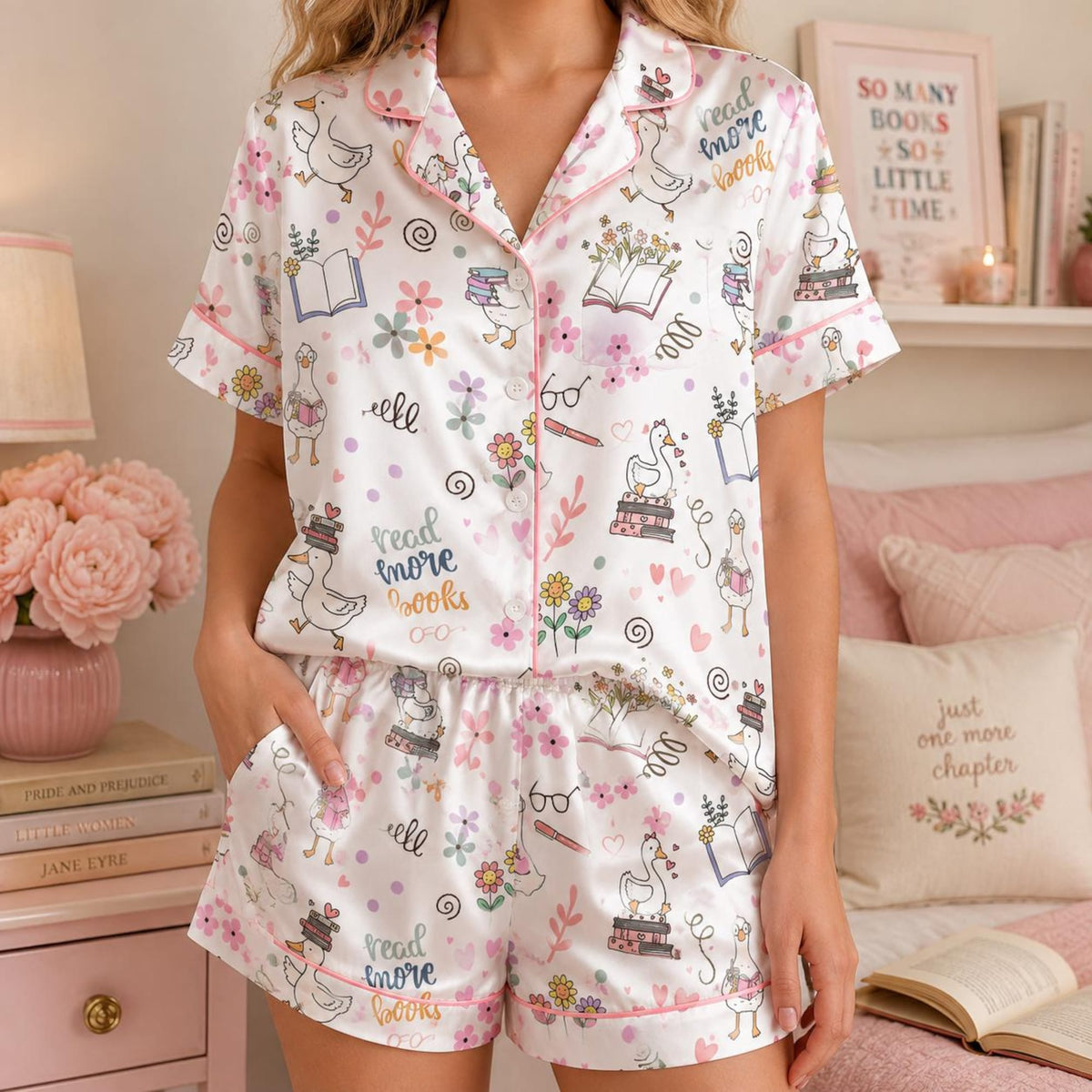 Book Lover Goose Satin Pajamas Set, Read More Books Pajamas, Floral Bookish PJs for Women, Cute Reader Sleepwear, Bookworm Gift