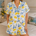 Italian Lemon Scooter Pajama Set, Limoncello Summer Satin Sleepwear, Blue Yellow Amalfi Coast Inspired Pajamas, Italy Vacation PJs