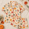 Autumn Leaves Pajama Set, Fall Satin Sleepwear, Pumpkin Leaf Mushroom Short PJs, Cozy Harvest Pajamas, Thanksgiving Gift for Her