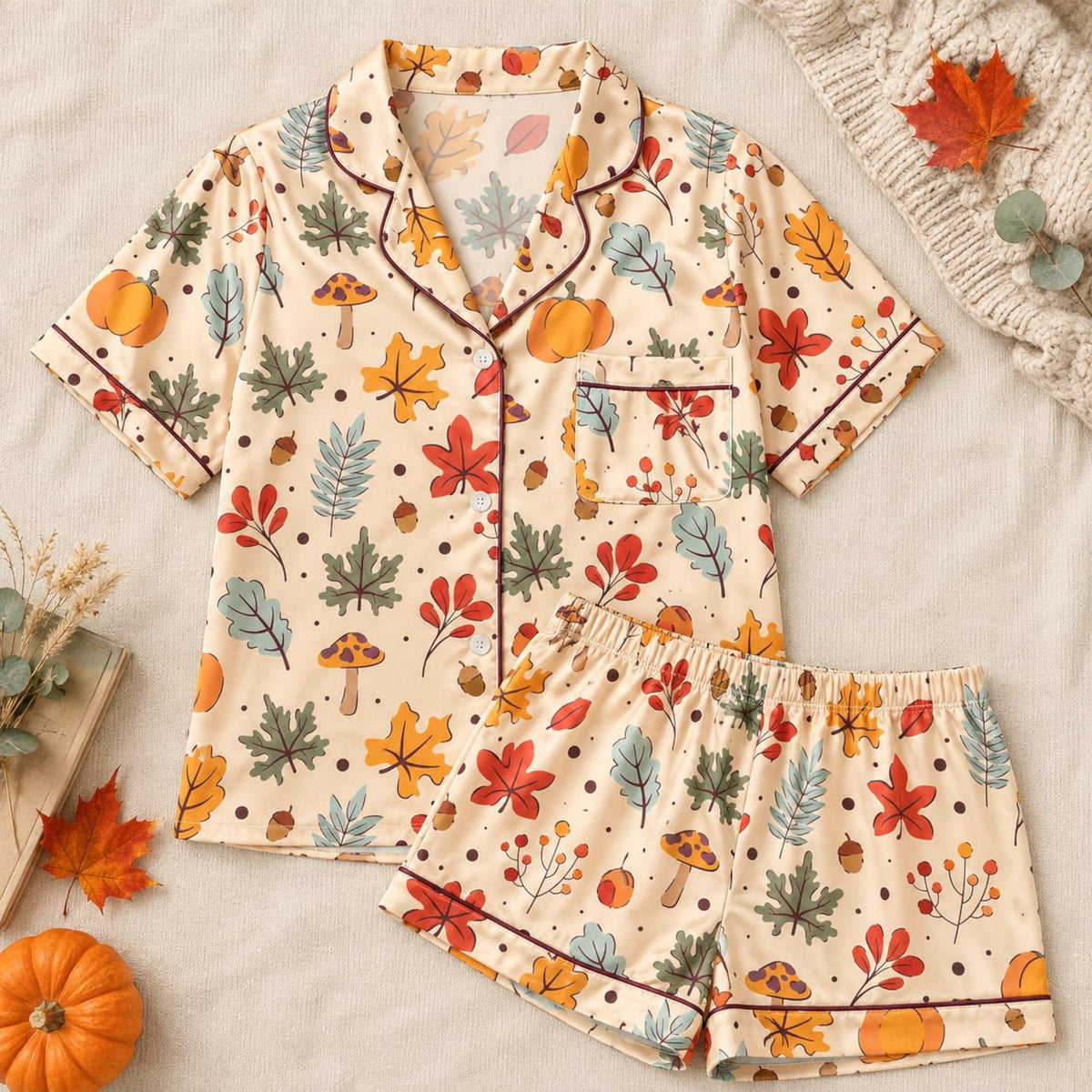 Autumn Leaves Pajama Set, Fall Satin Sleepwear, Pumpkin Leaf Mushroom Short PJs, Cozy Harvest Pajamas, Thanksgiving Gift for Her