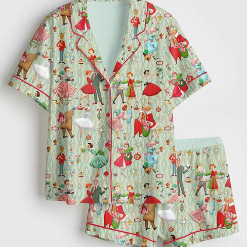 1950s Retro Christmas Satin Pajama Set, Vintage Short Sleeve Sleepwear, Classic Holiday Lounge Pjs for Women