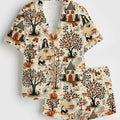 Spooky Halloween Haunted Harvest Satin Pajama Set, Festive Fall Sleepwear, Cute Short Sleeve Silky Lounge Pjs for Women