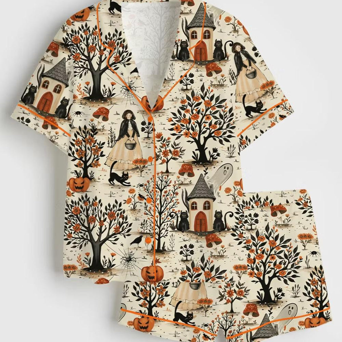 Spooky Halloween Haunted Harvest Satin Pajama Set, Festive Fall Sleepwear, Cute Short Sleeve Silky Lounge Pjs for Women