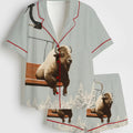 Majestic Bison Ski Lift Christmas Satin Pajama Set, Winter Landscape Art Sleepwear, Cute Short Sleeve Silky Lounge Pjs
