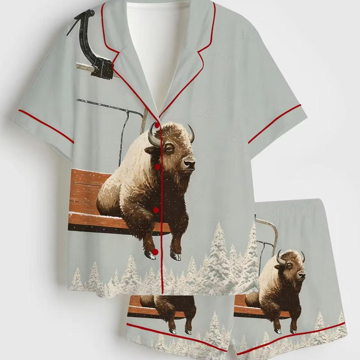 Majestic Bison Ski Lift Christmas Satin Pajama Set, Winter Landscape Art Sleepwear, Cute Short Sleeve Silky Lounge Pjs