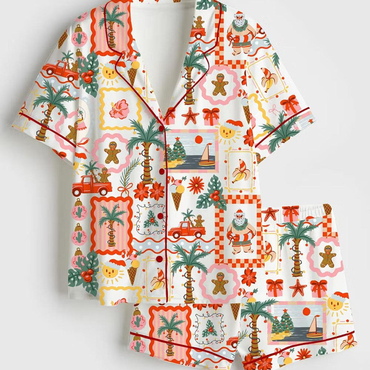 Festive Christmas Tropical Satin Pajamas, Holiday Beach Sleep Set, Cute Short Sleeve Silky Loungewear
