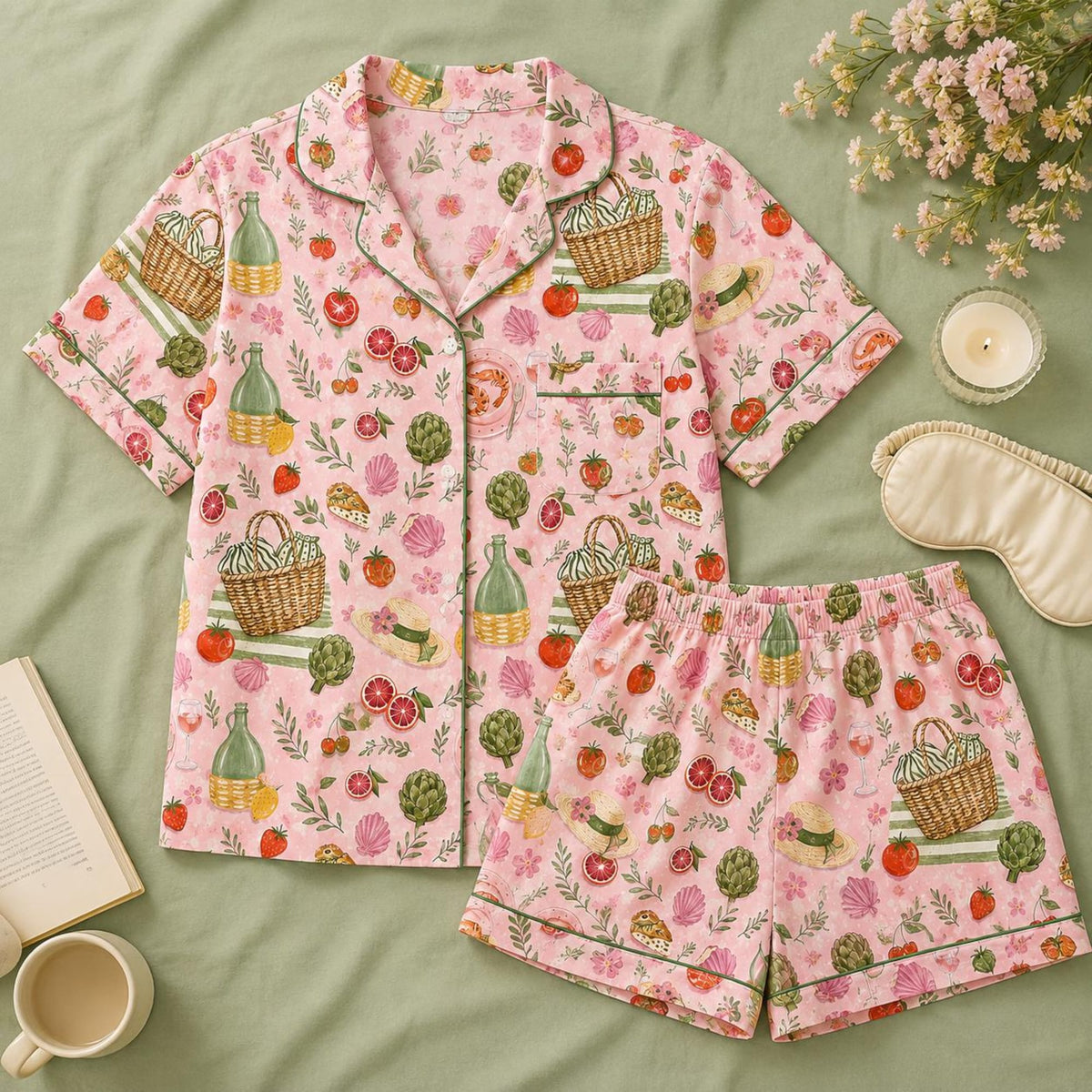 Italian Picnic Pajama Set, Pink Mediterranean Satin Sleepwear, Tomato Artichoke Basket Short PJs, Summer Garden Pajamas