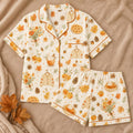 Cozy Autumn Pajama Set, Pumpkin Pie Fall Satin Sleepwear, Floral Cardigan Short PJs, Thanksgiving Harvest Pajamas, Gift for Her