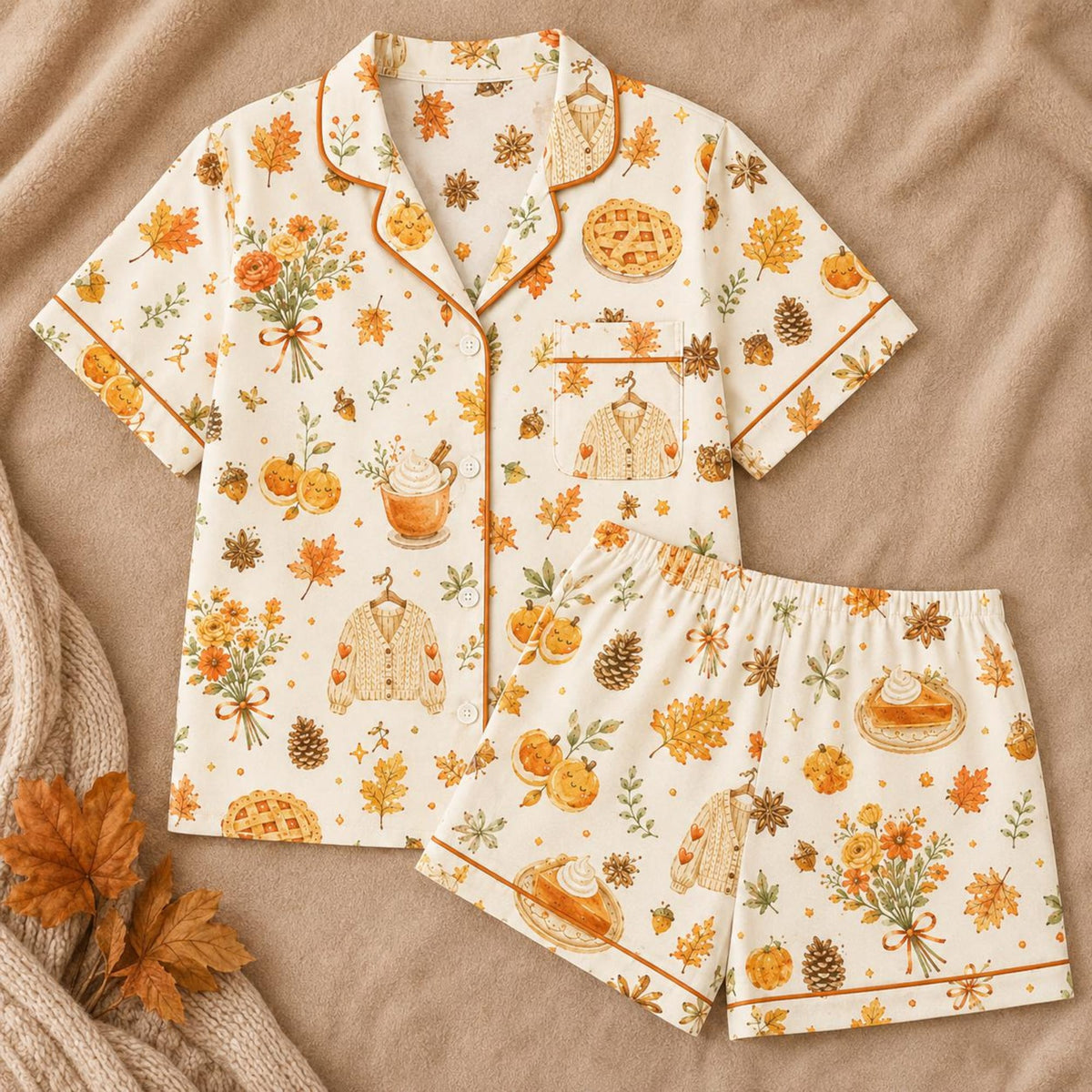 Cozy Autumn Pajama Set, Pumpkin Pie Fall Satin Sleepwear, Floral Cardigan Short PJs, Thanksgiving Harvest Pajamas, Gift for Her