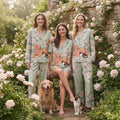 Golden Retriever Cat Pajamas Set, Floral Garden Sleepwear, Dog Cat Mom PJs, Long Short Sleeve Green Loungewear, Cute Pet Lover Gift
