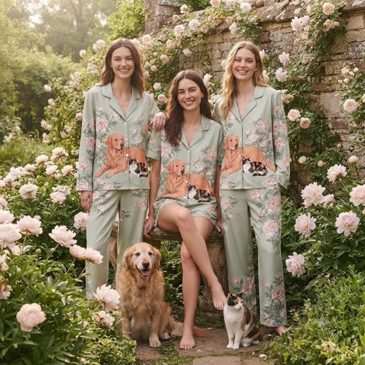 Golden Retriever Cat Pajamas Set, Floral Garden Sleepwear, Dog Cat Mom PJs, Long Short Sleeve Green Loungewear, Cute Pet Lover Gift