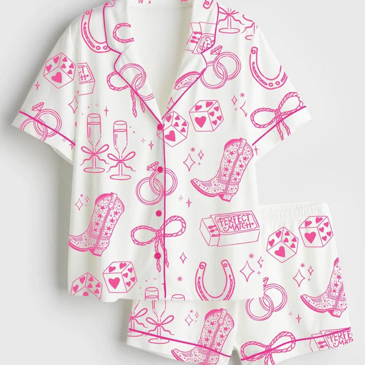 Floral Bow Cowgirl Bridal Satin Pajama Set, Coquette Western Wedding Short Sleeve Sleepwear, Cute Bride Lounge PJs