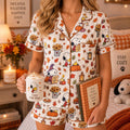 Autumn Dog Satin Pajama Set, Cozy Fall Pajamas, Women’s Short Sleeve Sleepwear, Pumpkin Dog PJs, Fall Gift for Her