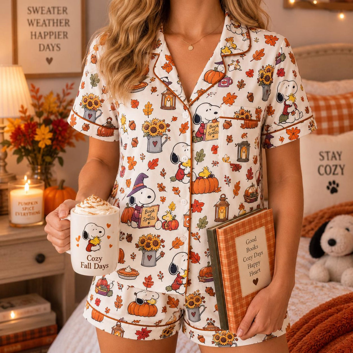 Autumn Dog Satin Pajama Set, Cozy Fall Pajamas, Women’s Short Sleeve Sleepwear, Pumpkin Dog PJs, Fall Gift for Her