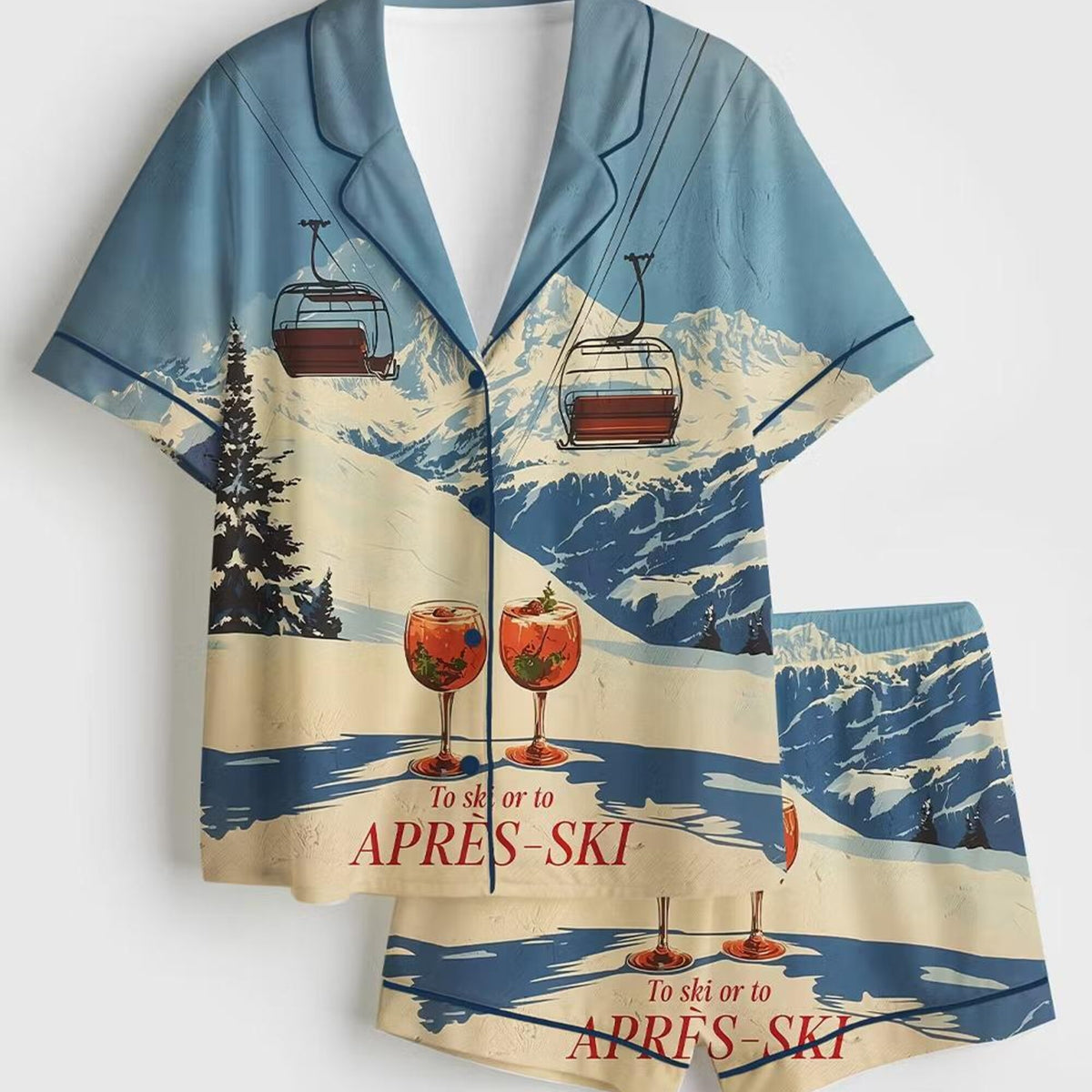 Apres Ski Bar Cart Pajamas, Winter Ski Slopes Satin PJS, Christmas Holiday Sleepwear, Cute Loungewear