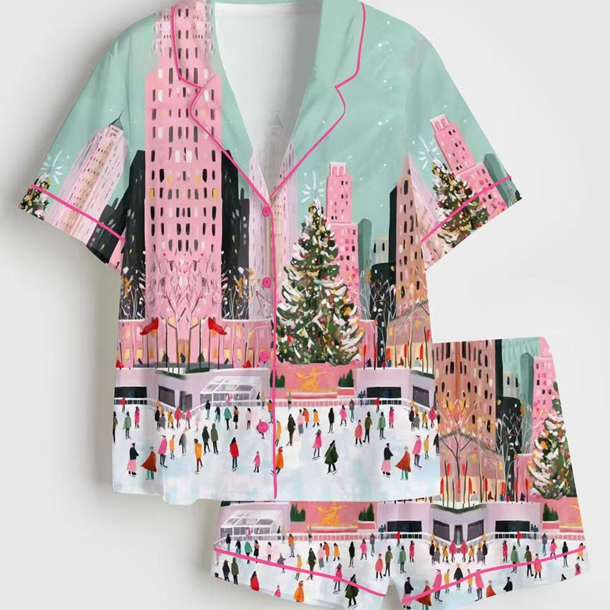 Rockefeller Center Christmas Pajamas, NYC Ice Rink Satin PJS, Winter Holiday Sleepwear, Festive Loungewear