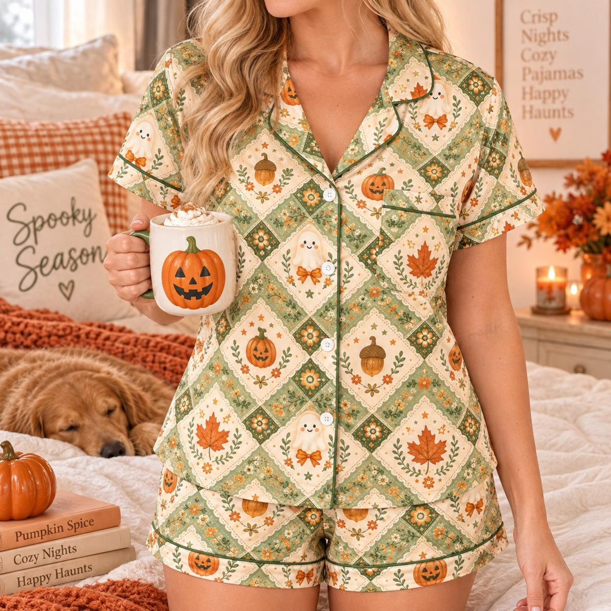Halloween Pumpkin Pajamas, Women’s Spooky Fall Pajama Set, Ghost Pumpkin Sleepwear, Vintage Autumn PJs, Cozy Halloween Pajamas