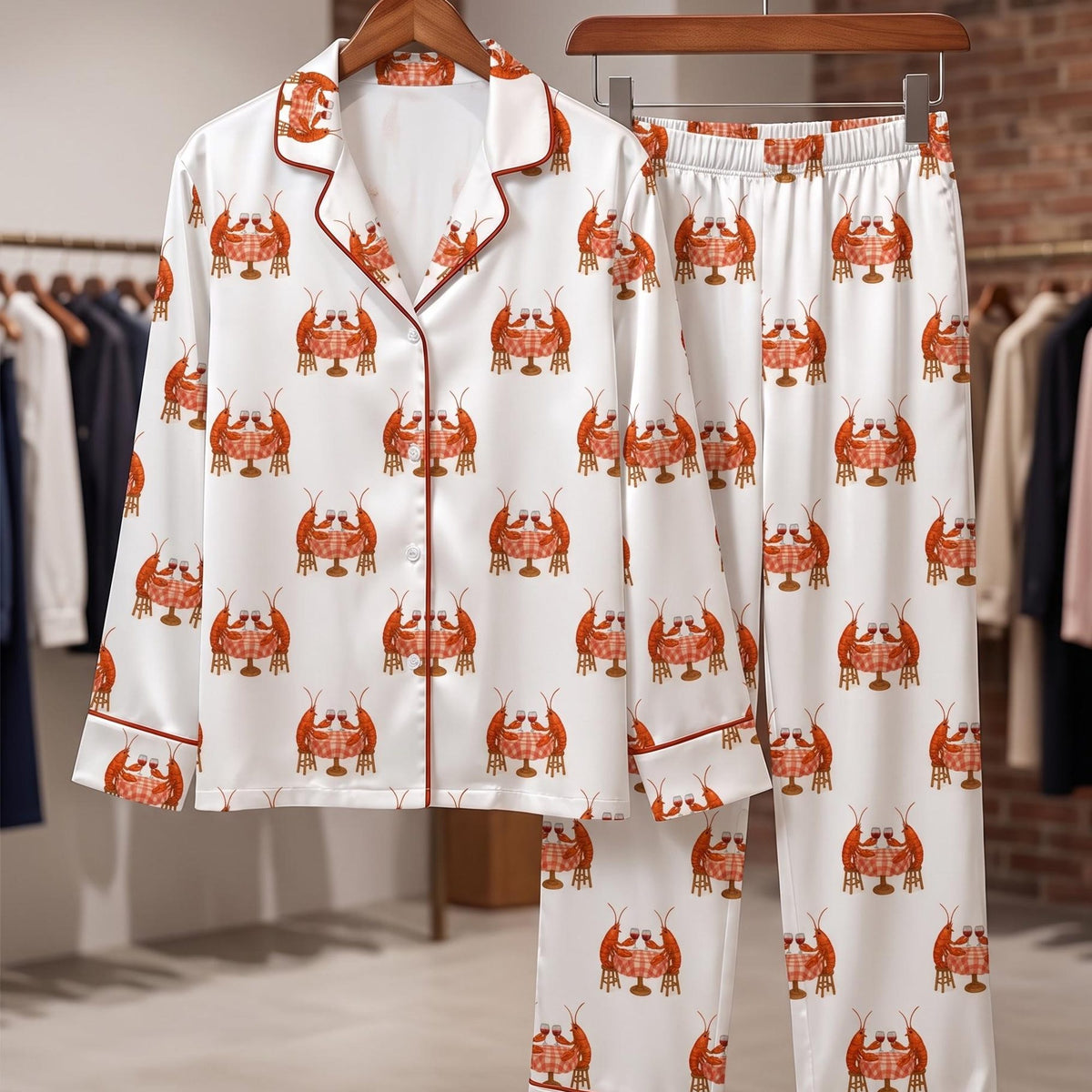 Lobster Party Pajama Set, Funny Date Night Silk Sleepwear, Cute Party Long Sleeve Pjs, Coastal Grandma Loungewear, Lobster Gifts for Her