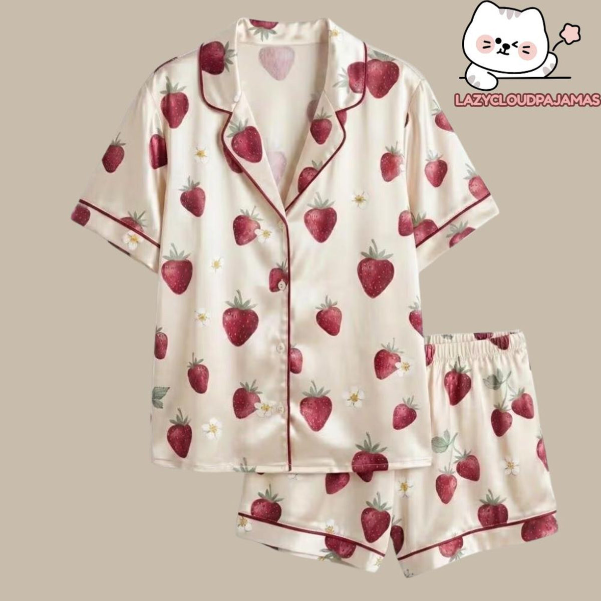 Strawberry Print Satin Pajamas Set, Luxury Silky Sleepwear for Women, Soft Loungewear Pajama Suit