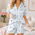 Cute Cartoon Dog Pajamas, Women’s Blue Chevron Pajama Set, Puppy Print Sleepwear, Cozy Short PJs, Dog Lover Gift