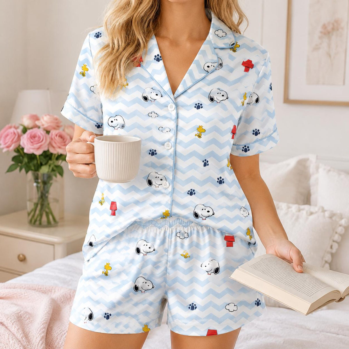 Cute Cartoon Dog Pajamas, Women’s Blue Chevron Pajama Set, Puppy Print Sleepwear, Cozy Short PJs, Dog Lover Gift