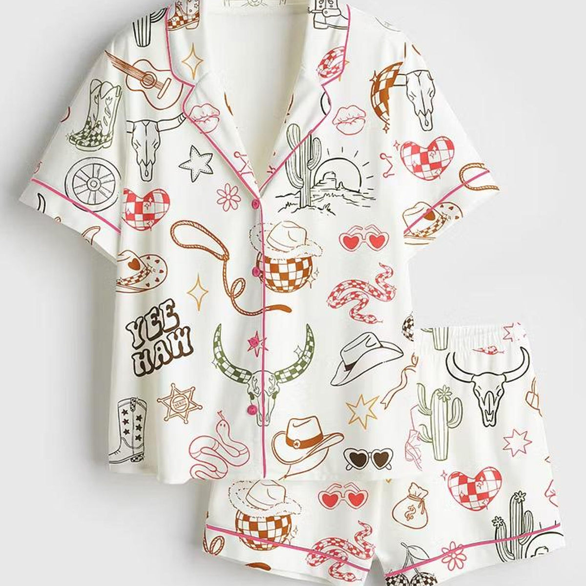 Western Cowgirl Bachelorette Pajamas, Hand Drawn Disco Wild West Short Sleeve Satin Pjs, Silky Country Bride Party Loungewear Gifts