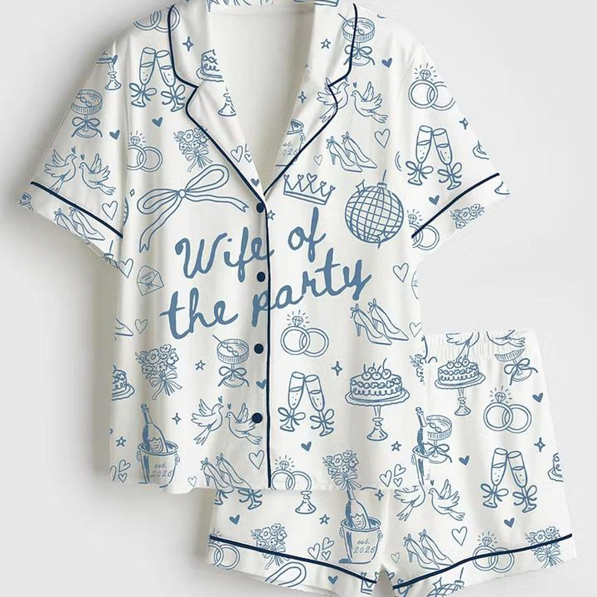 Wife Of The Party Pajamas, Bachelorette Short Sleeve Satin Pjs, Cute Bridal Wedding Party Sleepwear, Silky Bride Loungewear Gift Her