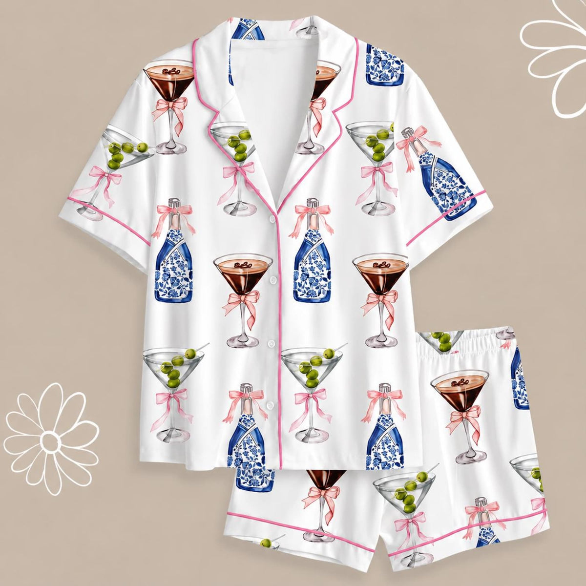 Espresso Martini Pajama Set, Coquette Bow PJs, Cocktail Satin Sleepwear, Cute Drink Loungewear, Bachelorette Gift, Bridesmaid Pajamas