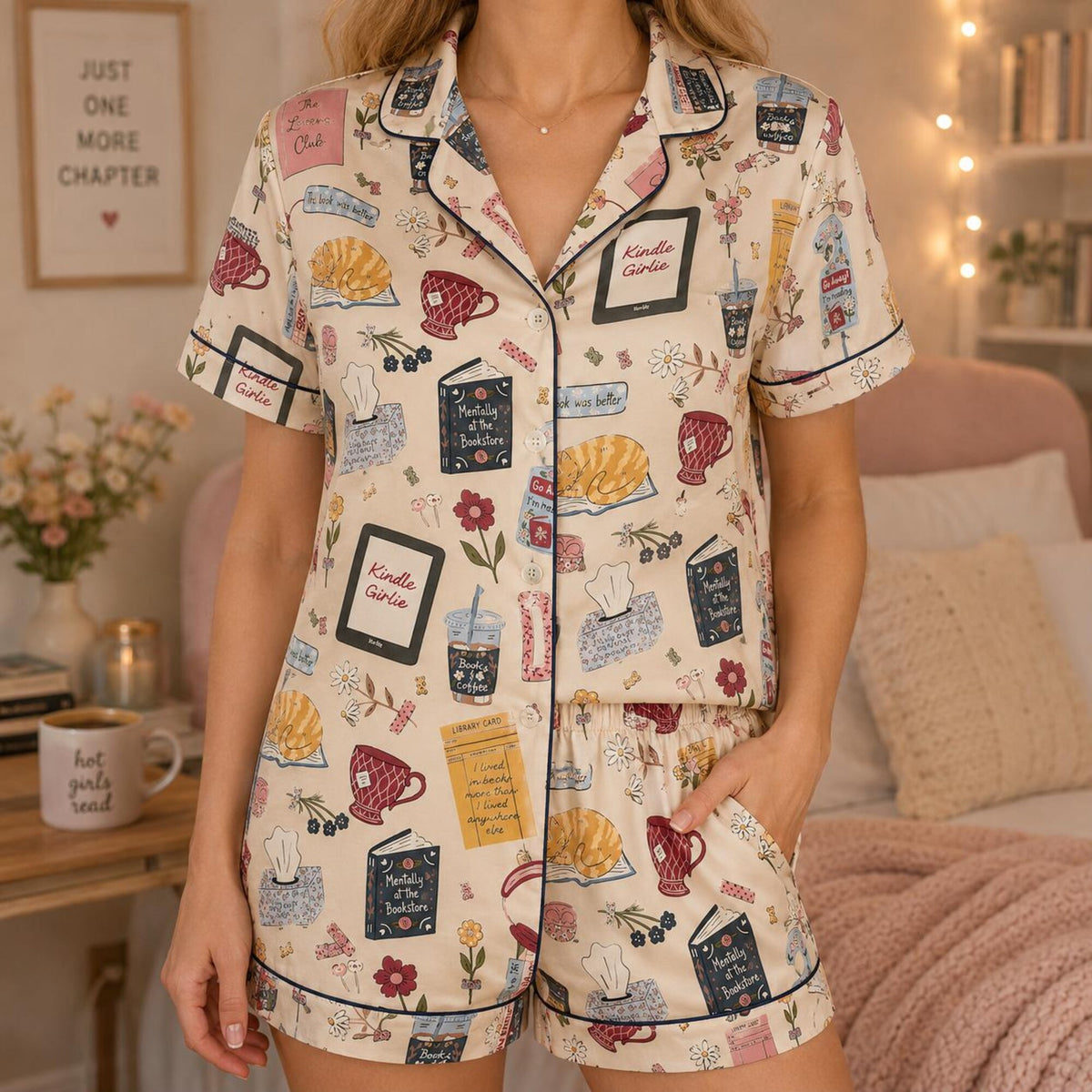 Book Lover Satin Pajamas Set, E Reader Bookish PJs for Women, Coffee Cat Reader Sleepwear, Cozy Bookworm Pajamas, Reading Lover Gift