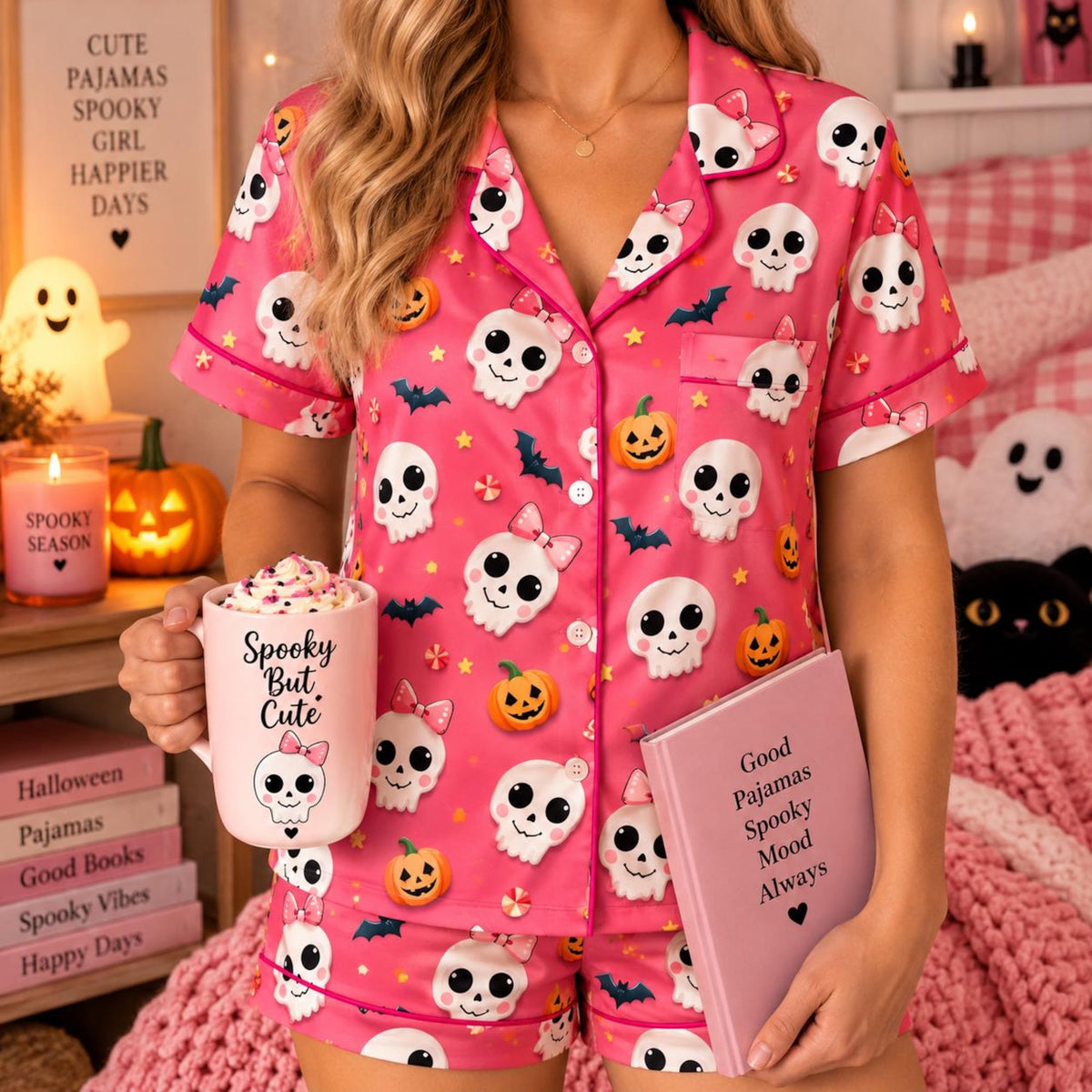 Pink Halloween Pajama Set for Women, Cute Skull Satin Pajamas, Spooky Pumpkin & Bat Sleepwear, Kawaii Short PJ Set