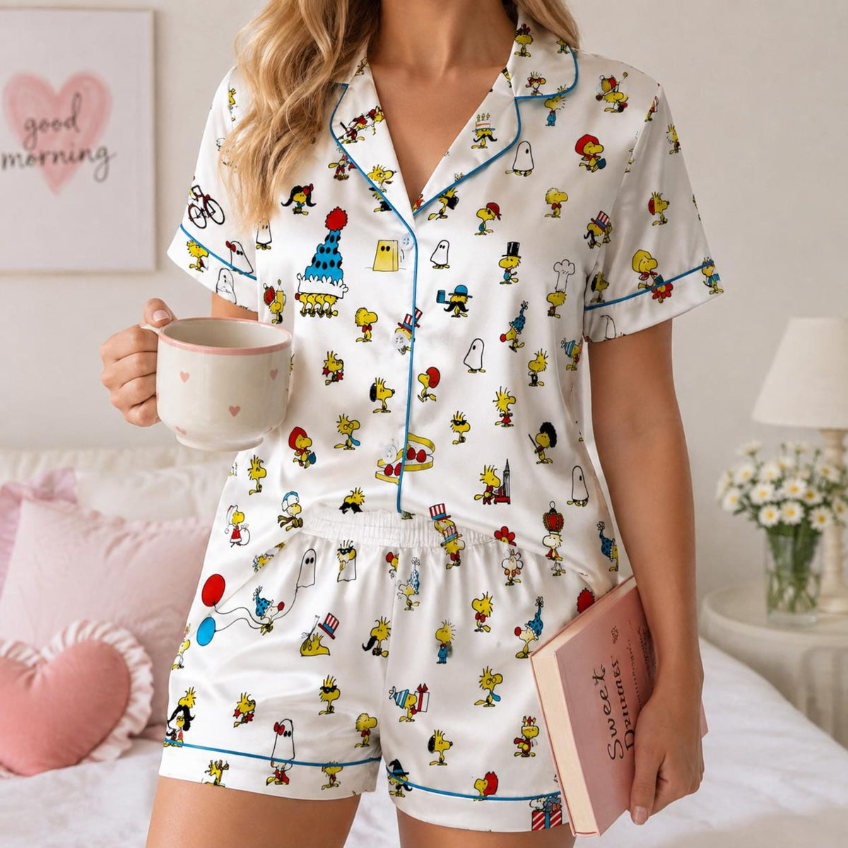 Cute Yellow Bird Pajama Set, Cartoon Character Sleepwear, Women's Short Sleeve Shorts & Long Sleeve Pants PJs, Cozy Gift for Her
