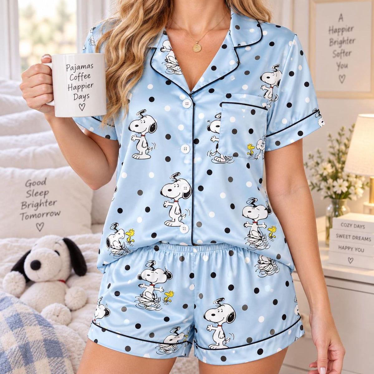 Puppy Pajama Set, Cute Cartoon Sleepwear, Women's Short Sleeve Shorts & Long Sleeve Pants PJs, Cozy Gift for Her