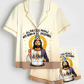 Funny December Birthday Jesus Christmas Satin Pajamas, Holiday Sleep Set, Cute Short Sleeve Silky Loungewear