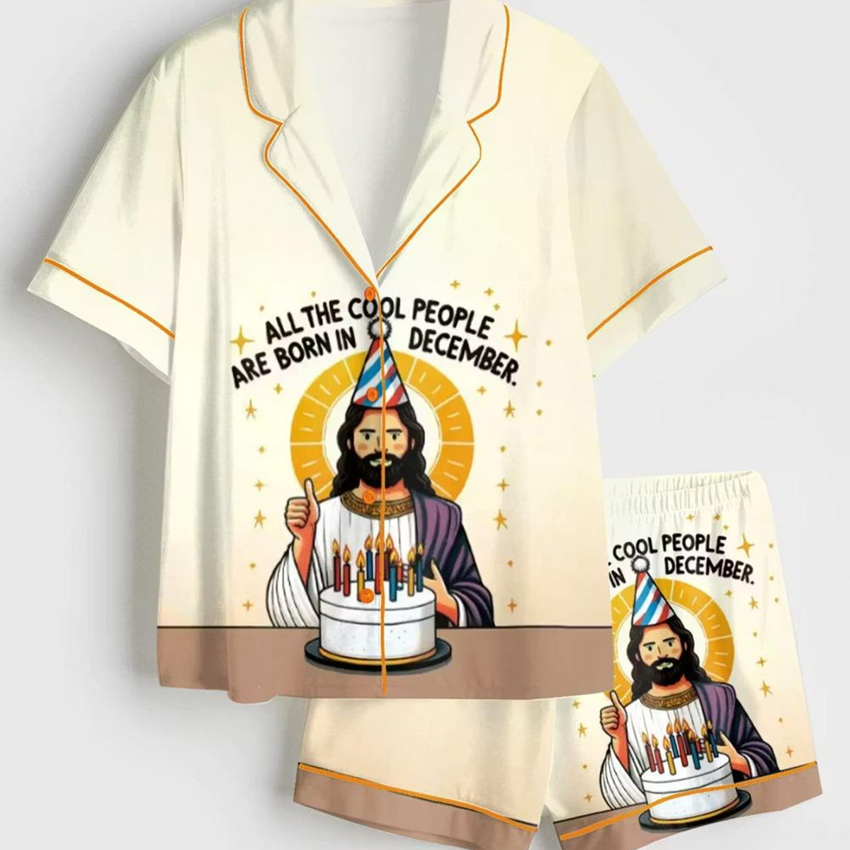 Funny December Birthday Jesus Christmas Satin Pajamas, Holiday Sleep Set, Cute Short Sleeve Silky Loungewear